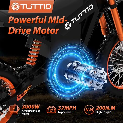 Tuttio Soleil01 دراجة ترابية كهربائية للمراهقين والبالغين، إطار سميك 14 بوصة/12 بوصة دراجة نارية كهربائية بقدرة 2000 وات مع بطارية 48 فولت 21 أمبير في الساعة ومكابح هيدروليكية للدراجة الإلكترونية الجبلية للطرق الوعرة in Kuwait