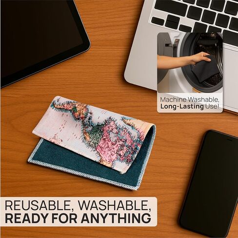 قطعة قماش سريعة لتنظيف النظارات من الألياف الدقيقة - 5x7، خريطة العالم، عبوتان مع حقيبة | منظف ​​العدسات على الوجهين للنظارات والكاميرا والشاشات والزجاج | أقمشة تلميع الزجاج المصنوعة من الألياف الدقيقة القابلة لإعادة الاستخدام in Kuwait