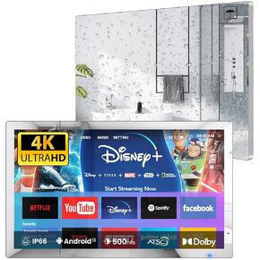 Haocrown 32" 4K Ultra HD Smart Bathroom Mirror TV, IP66 Waterproof, Android 13 System with Voice Remote ATSC Tuner, 500 cd/㎡ High Brightness (Black Frame, 2025 Model) in Saudi Arabia