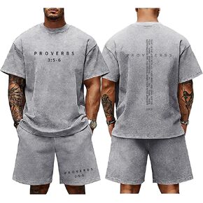 BeWithYou Mens 2 Piece Short Set Gym Workout Tracksuit Vintage Christian Shirt And Short Sets Summer Acid Wash Outfits Set in Saudi Arabia