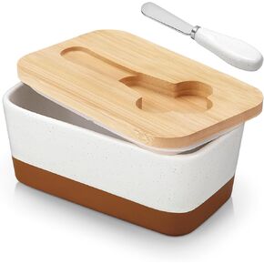 MALACASA Butter Dish with Lid, Large Butter Dish for Countertop, Ceramic Butter Keeper Container with Knife and Bamboo Lid, White, Series TARA in Kuwait