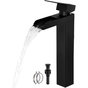 Black Tall Waterfall Bathroom Faucet, Single Hanlde Vessel Sink Faucet with Waterfall Spout, Bathroom Faucets for 1 Hole, RV Lavatory Vanity Mixer Bar Tap with Pop Up Drain and Hoses KMBF015B in Saudi Arabia