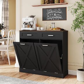 Miereirl 2 × 10 جالون خزانة سلة المهملات مزدوجة الإمالة، خزانة سلة المهملات الخشبية المخددة مع أدراج تخزين، خزائن صناديق القمامة المخفية لغرفة الطعام، أسود in Kuwait