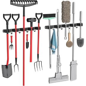 2 حزمة حامل مكنسة جدار جبل ممسحة ومكنسة شماعات مكنسة منظم تخزين أداة رفوف الفولاذ المقاوم للصدأ الثقيلة للمطبخ حديقة الغسيل المرآب (5 رفوف مع 4 خطاف) in Kuwait