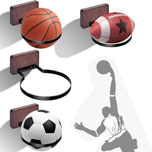 حامل كرة السلة على الحائط 4 عبوات، ديكورات جدارية لتخزين كرات الجوز السوداء لكرة السلة، كرة القدم، كرة القدم، مجموعة الكرة الطائرة، عرض رف كرة السلة الأنيق لديكور المنزل in Kuwait