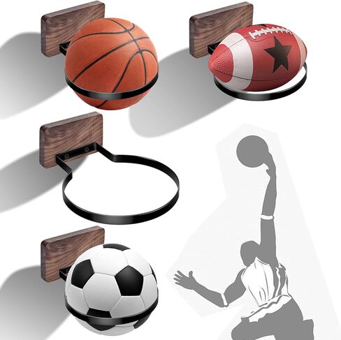 Basketball Holder Wall Mount 4 Pack, Black Walnut Ball Storage Wall Decorations for Basketball, Football, Soccer, Volleyball Collection, Stylish Basketball Rack Display for Home Decor in Saudi Arabia