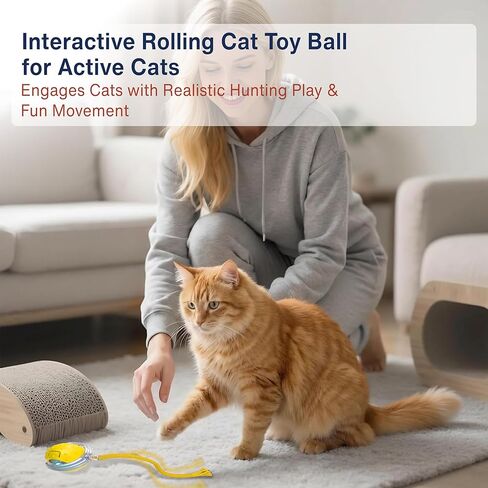 لعبة Cat Interactive - كرة تدحرجت الحركة مع مصابيح LED و 3 أوضاع لعب وذيلتين مختلفتين - أفضل لعبة للقطط والقطط الداخلية للبقاء نشطًا وتحفيز غريزة الصيد (أصفر) in Saudi Arabia