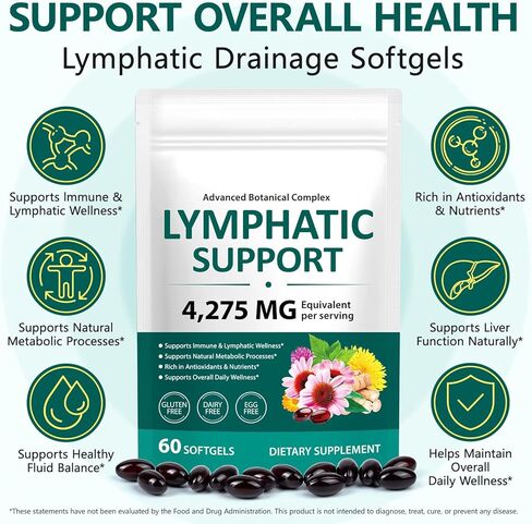 مكملات التصريف اللمفاوي، 4275 ملجم لدعم النظام اللمفاوي للنساء والرجال، مركب عشبي لمفاوي مع الهندباء والأرقطيون والقنفذية والسواطير والكركم والبروميلين لتوازن السوائل، 240 كبسولة in Kuwait