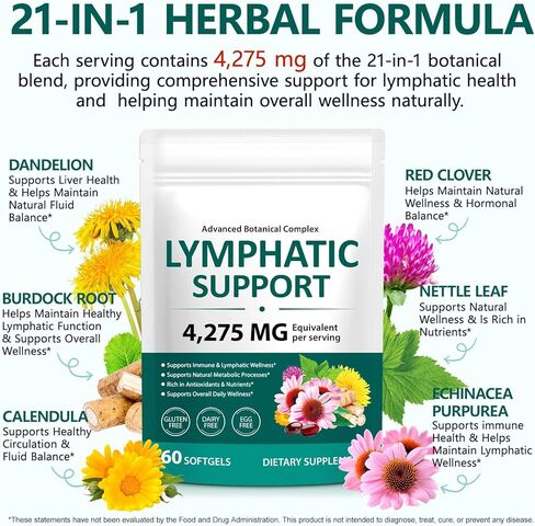 مكملات التصريف اللمفاوي، 4275 ملجم لدعم النظام اللمفاوي للنساء والرجال، مركب عشبي لمفاوي مع الهندباء والأرقطيون والقنفذية والسواطير والكركم والبروميلين لتوازن السوائل، 240 كبسولة in Kuwait