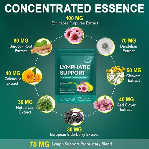 21-in-1 Liposomal Lymphatic Drainage Supplements, 4275mg Lymph System Support Supplement for Women & Men,Herbal Blend,with Dandelion, Burdock, Echinacea,Rutin, Turmeric,Cleavers & More, 240 Softgels in Kuwait