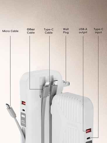 شاحن محمول مع قابس كابل وجدار AC مدمج ، 10000 مللي أمبير في الساعة ضفة طاقة بطارية خارجي ، عرض LED 4 مخرجات 2 مدخلات ، حزمة بطارية شاحن هاتف Travel For iPhone 16 15 14 13 Samsung iPad in Kuwait