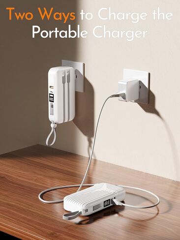 شاحن محمول مع قابس كابل وجدار AC مدمج ، 10000 مللي أمبير في الساعة ضفة طاقة بطارية خارجي ، عرض LED 4 مخرجات 2 مدخلات ، حزمة بطارية شاحن هاتف Travel For iPhone 16 15 14 13 Samsung iPad in Kuwait