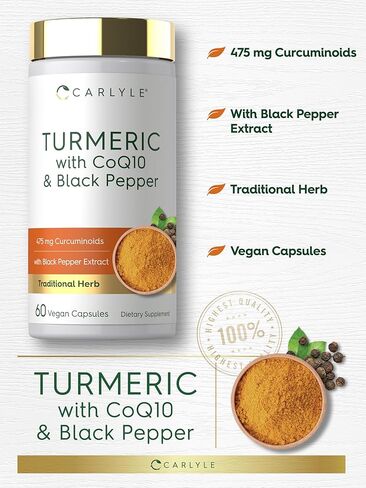 كارلايل كركم مع خلاصة الفلفل الأسود | 60 كبسولة | مركب مع CoQ10 | المكملات العشبية التقليدية | تركيبة نباتية، غير معدلة وراثيًا، خالية من الغلوتين in Kuwait