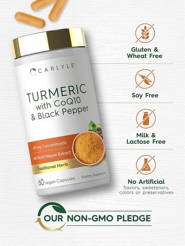 كارلايل كركم مع خلاصة الفلفل الأسود | 60 كبسولة | مركب مع CoQ10 | المكملات العشبية التقليدية | تركيبة نباتية، غير معدلة وراثيًا، خالية من الغلوتين in Kuwait