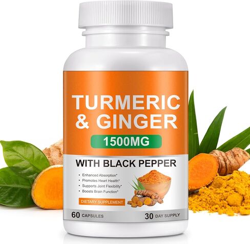 Turmeric and Ginger Supplement 1500mg, Turmeric Complex Supplement with Black Pepper Extract & 95% Curcuminoids for Helping with Joint Pain in Kuwait