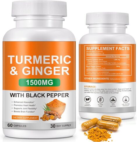 Turmeric and Ginger Supplement 1500mg, Turmeric Complex Supplement with Black Pepper Extract & 95% Curcuminoids for Helping with Joint Pain in Kuwait