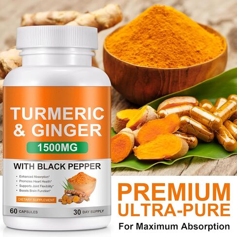 Turmeric and Ginger Supplement 1500mg, Turmeric Complex Supplement with Black Pepper Extract & 95% Curcuminoids for Helping with Joint Pain in Kuwait