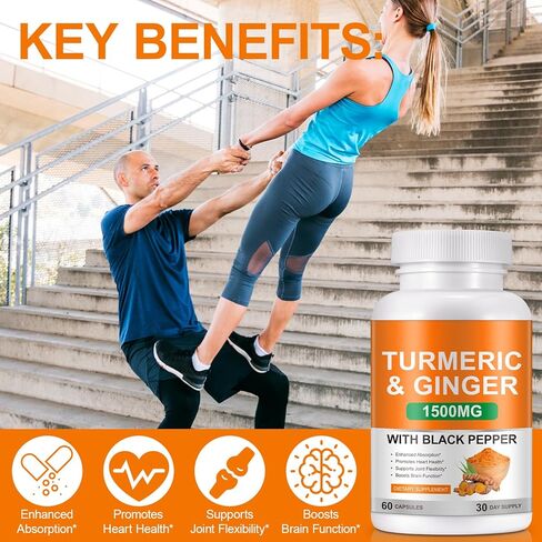 Turmeric and Ginger Supplement 1500mg, Turmeric Complex Supplement with Black Pepper Extract & 95% Curcuminoids for Helping with Joint Pain in Kuwait