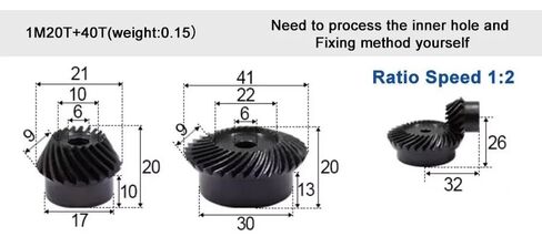 1set 45# Steel 1M 20T to 40T Spiral Bevel Gear M1 Modulus 1:2 90 Degrees Differential Same Ratio Diameter 6mm Hole in Saudi Arabia