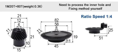 1 Set 45# Steel 1M 20T to 80T Spiral Bevel Gear Modulus : 4 90 Degrees Differential Gears Same Ratio Diameter 6mm 8mm Hole in Saudi Arabia