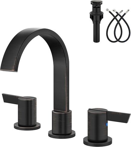 Aolemi Bathroom Faucets 3 Hole,8 Inch Widespread Waterfall Bathroom Sink Faucet,2 Handles Vanity Faucet with Pop-up Drain and Supply Hose,Matte Black in Saudi Arabia