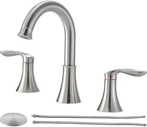 صنبور حمام من النيكل المصقول من فريهو، 3 فتحات، واسع الانتشار 8 بوصة 2 مقبض صنبور حوض الغرور مع صنبور دوار، تصريف منبثق وخراطيم إمداد المياه in Kuwait