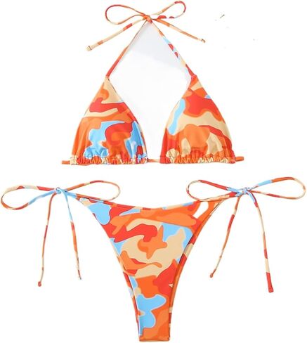 Women's Butterfly Print Bikini Set, Halter Triangle Top with Thong Bottom Swimsuit, Blue and Orange Floral Swimwear PQ24018 in Saudi Arabia