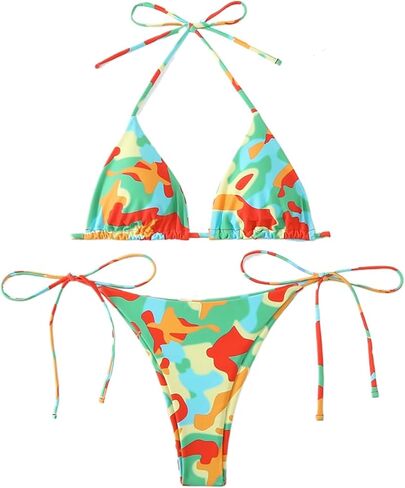 Women's Butterfly Print Bikini Set, Halter Triangle Top with Thong Bottom Swimsuit, Blue and Orange Floral Swimwear PQ24018 in Saudi Arabia