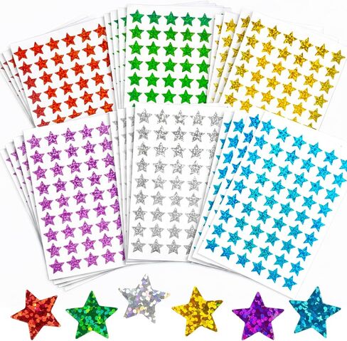 6 Colors Holographic Star Stickers - 1296PCS Small Star Stickers for Reward, Behavior Chart, 0.6" Glitter Sticker for DIY Crafts, Gift Decoration, Fun School Classroom Teacher Supplies in Saudi Arabia