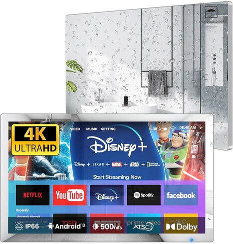Haocrown 32 "4K Ultra HD Smart Bathroom Mirror TV ، IP66 مقاوم للماء ، نظام Android 13 مع موالف ATSC الصوتية ، 500 CD/㎡ السطوع العالي (إطار أسود ، 2025) in Saudi Arabia