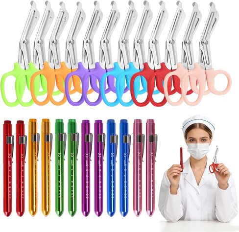 24 Pcs Medical Trauma Shears and Pen Light for Nursing Scissors with Pupil Gauge Bandage Nurse Scissors and LED Penlight Bulk Nursing Accessories for Doctor Police Firefighters Supplies (6 Colors) in Kuwait