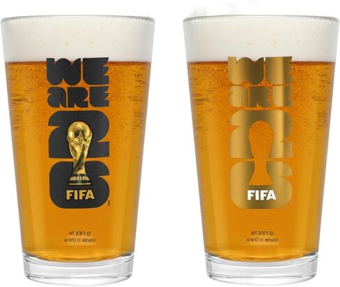 كأس العالم لكرة القدم 2026 إصدار مرخص رسميًا من كأس نصف لتر (مجموعة من قطعتين BLK/GLD) - 16 أونصة لكل قطعة. مجموعة مثالية لمشاهدة الحفلات، أو الحفلات المنزلية، أو الحانات المنزلية أو مطاعم الشواء بجودة عالية في منزلك in Kuwait
