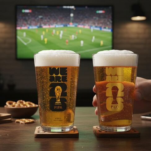 كأس العالم لكرة القدم 2026 إصدار مرخص رسميًا من كأس نصف لتر (مجموعة من قطعتين BLK/GLD) - 16 أونصة لكل قطعة. مجموعة مثالية لمشاهدة الحفلات، أو الحفلات المنزلية، أو الحانات المنزلية أو مطاعم الشواء بجودة عالية في منزلك in Kuwait