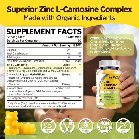 Zinc Carnosine Supplement Sugar Free, Organic Zinc Carnosine 75mg with L-glutamine, Probiotic & Herbal Blend, Comprehensive Gut & Digestive Health Support, Bloating Relief, Vegan, Non-GMO, 60 Gummies in Kuwait