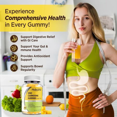 Zinc Carnosine Supplement Sugar Free, Organic Zinc Carnosine 75mg with L-glutamine, Probiotic & Herbal Blend, Comprehensive Gut & Digestive Health Support, Bloating Relief, Vegan, Non-GMO, 60 Gummies in Kuwait