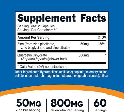 مكمل Nutricost الزنك + كيرسيتين (50 مجم زنك، 800 مجم كيرسيتين) 120 كبسولة - نباتية، خالية من الكائنات المعدلة وراثيًا، خالية من الغلوتين، 60 وجبة in Kuwait