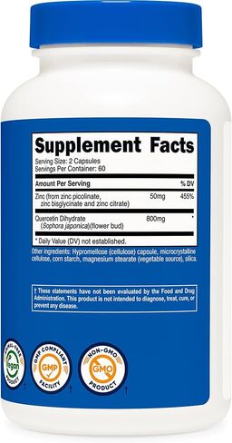 مكمل Nutricost الزنك + كيرسيتين (50 مجم زنك، 800 مجم كيرسيتين) 120 كبسولة - نباتية، خالية من الكائنات المعدلة وراثيًا، خالية من الغلوتين، 60 وجبة in Kuwait