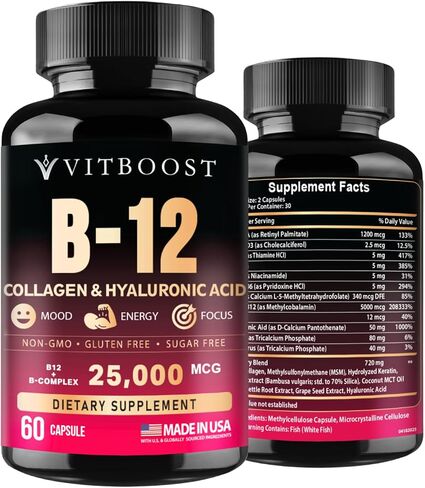 VITBOOST B12 مع حمض الهيالورونيك والكولاجين والفولات – 25000 ميكروجرام مكمل B12 ميثيل كوبالامين | تعظيم الامتصاص والطاقة | خالية من الغلوتين، مصنوعة في الولايات المتحدة الأمريكية، مركب B1، B2، B3، B6، B7 - 60 كبسولة in Kuwait
