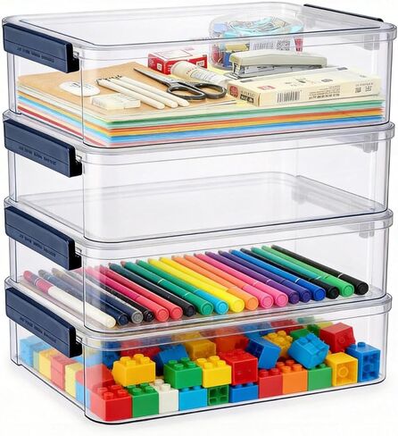 2 Pack 5.5qt 9 x 13 Clear Plastic Storage Box with Snap-Tight Latch, Stackable Organizer Container for A4 Files, Photos, Documents, Scrapbook, Crafts, and Art Supplies,Clear Storage Box With Lids in Kuwait