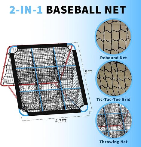 Garvee Baseball Pitching Rebounder Net, 5x4.3Ft with 9-Hole Target, Adjustable Angle Bounce Back Trainer, Strike Zone Practice Net for Softball and Baseball, Backyard Training Equipment in Saudi Arabia
