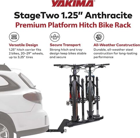 حامل دراجة Yakima StageTwo مقاس 1.25 بوصة ممتاز 4 طبقات قابل للتعديل يستوعب قواعد عجلات مقاس 52 بوصة مع رافعة إمالة عن بعد وأقفال SKS in Saudi Arabia