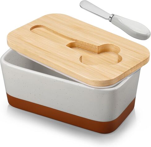 MALACASA Butter Dish with Lid, Large Butter Dish for Countertop, Ceramic Butter Keeper Container with Knife and Bamboo Lid, White, Series TARA in Kuwait
