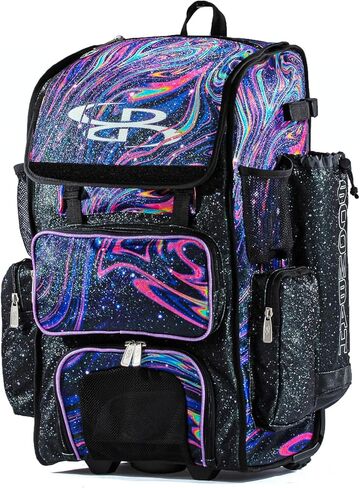 Boombah Rolling Superpack Baseball/Softball Gear Bag - 23-1/2" x 13-1/2" x 9-1/2" - Telescopic Handle - Holds 4 Bats - Wheeled Version - Supernova Glitter Black/Amethyst Orchid/White in Saudi Arabia