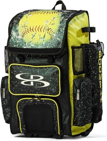 Boombah Rolling Superpack 2.0 Baseball/Softball Gear Bag - 23-1/2" x 13-1/2" x 9-1/2" - Telescopic Handle - Holds 4 Bats - Wheeled Version - Softball Highlight Glitter Black/Optic Yellow/Red in Saudi Arabia