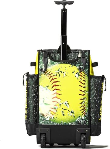 Boombah Rolling Superpack 2.0 Baseball/Softball Gear Bag - 23-1/2" x 13-1/2" x 9-1/2" - Telescopic Handle - Holds 4 Bats - Wheeled Version - Softball Highlight Glitter Black/Optic Yellow/Red in Saudi Arabia