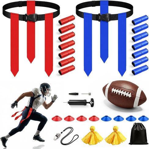 Flag Football Set for 14 Players, Adjustable Flag Football Belts for Kids, Youth & Adult, Includes Junior Size Ball, 42 Pop-Off Tags, Practice Cones & Gear Bag in Saudi Arabia