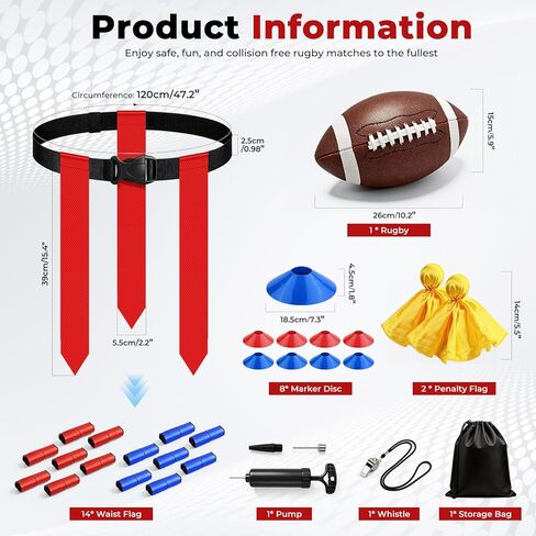 Flag Football Set for 14 Players, Adjustable Flag Football Belts for Kids, Youth & Adult, Includes Junior Size Ball, 42 Pop-Off Tags, Practice Cones & Gear Bag in Saudi Arabia