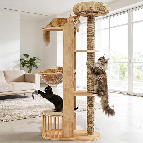 Corner Cat Tree, 66″ Modern Cat Tower for Indoor Cats with Hammock, Dangling Ball, Large Plush Platform for Large Cats, Curved Series Carbon Steel Big Cat Climbing Towers in Saudi Arabia
