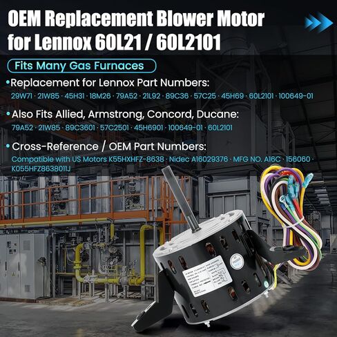 60L21 Furnace Blower Motor – Replacement for Lennox 60L21, 60L2101, 29W71, 21W85 – 1/3 HP 115V 1075 RPM Furnace Motor – Compatible with Armstrong, Ducane, Allied, Concord, US Motors K55HXHFZ-8638 in Kuwait