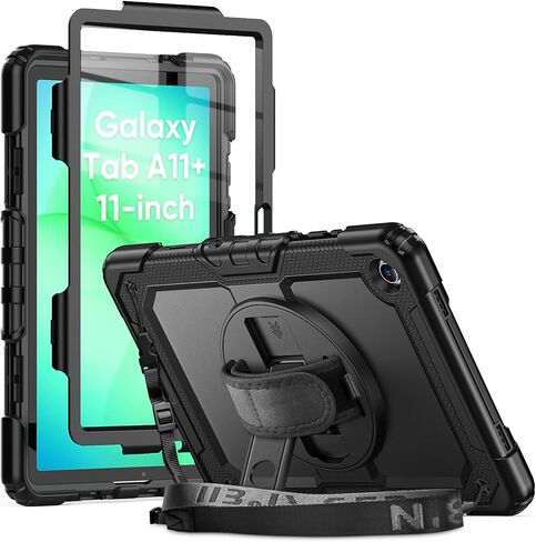 Herize Case Compatible with Galaxy Tab A9+ Plus 11 Inch Model SM-X210/X216/X218 with Screen Protector Pen Holder Stand Shoulder Strap Handle Grip | Black in Kuwait